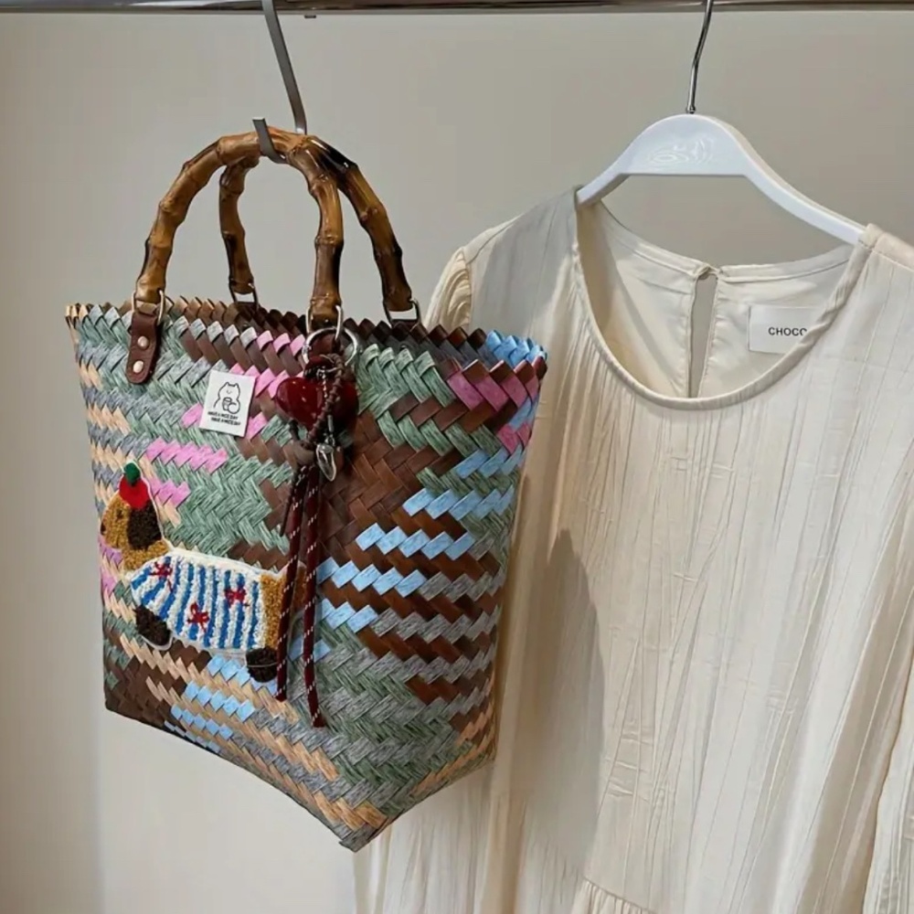 Vintage Woven Straw Tote Bag | Playful Dog & Floral Design | LargeCapacity retro